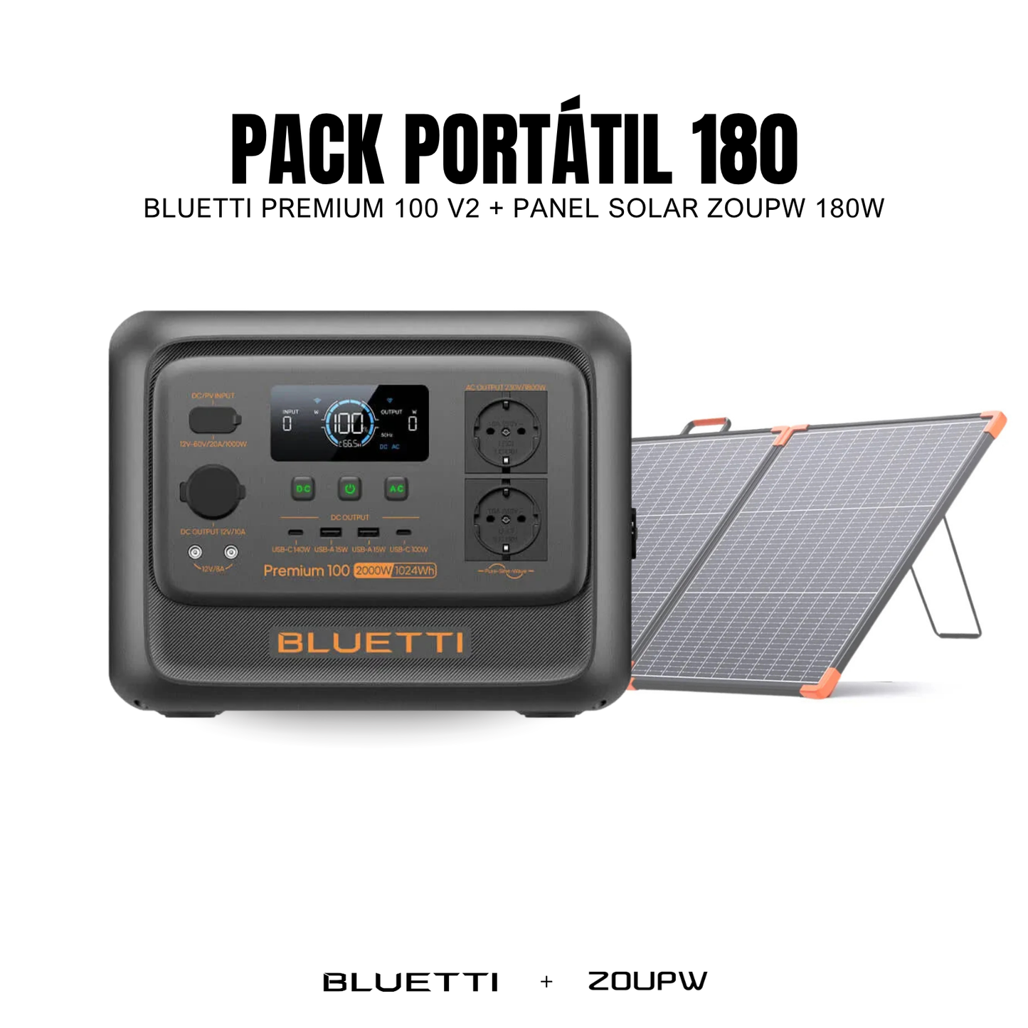 Pack Solar BLUETTI Premium 100 V2 + Panel Solar ZOUPW 180W | Estación de Energía Portátil 2000W