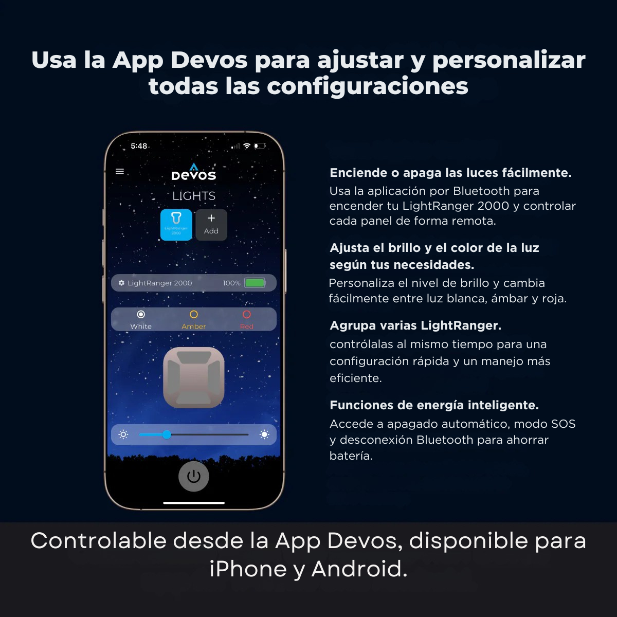 Devos LightRanger 2000 | Iluminación portátil telescópica LED 2000 Lúmenes con Bluetooth, Luz Blanca, Ámbar y Roja