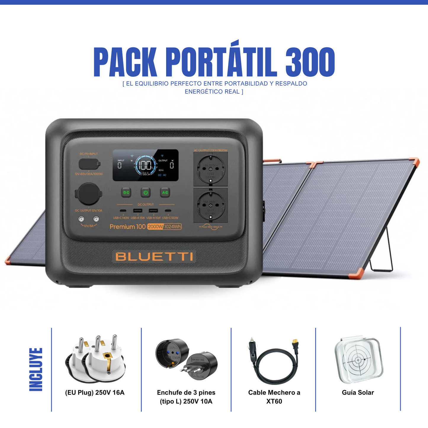 Pack Solar BLUETTI Premium 100 V2 + Panel Solar ZOUPW 300W | Estación de Energía Portátil 2000W
