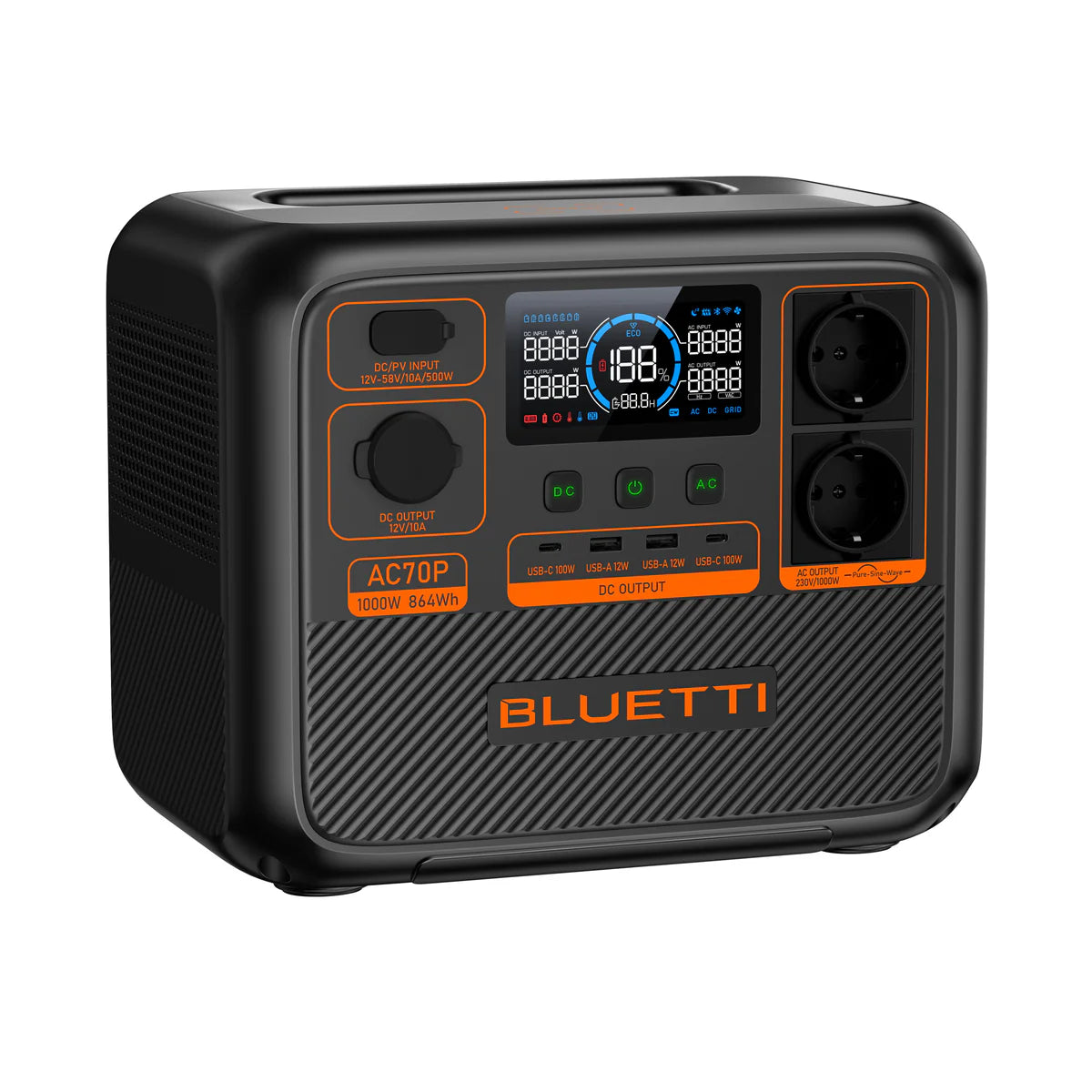 BLUETTI AC70P Estación de Energía Portátil 1000W 864Wh | Recarga Solar | Uso Outdoor y Camping