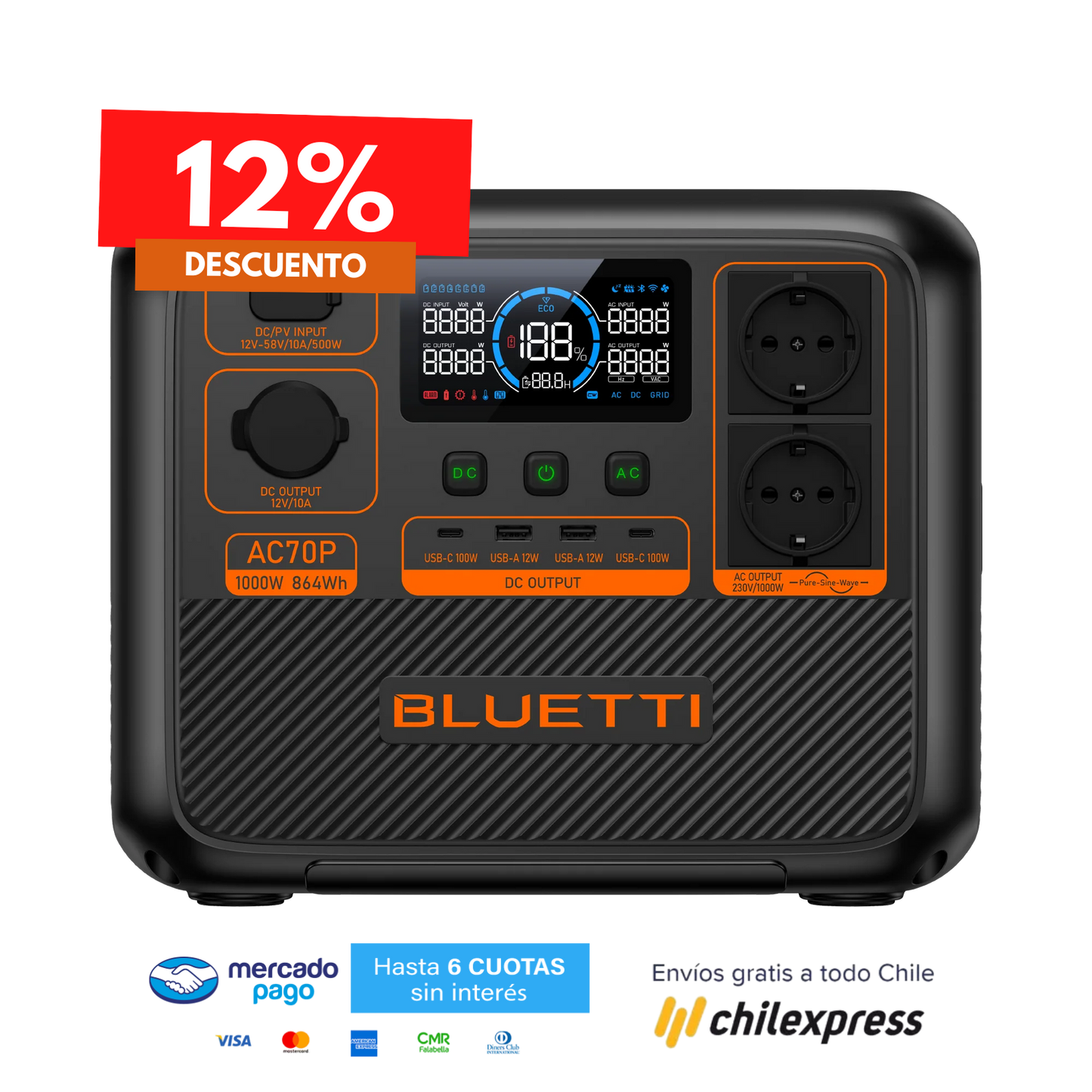 BLUETTI AC70P Estación de energía portátil | 1.000 W 864 Wh