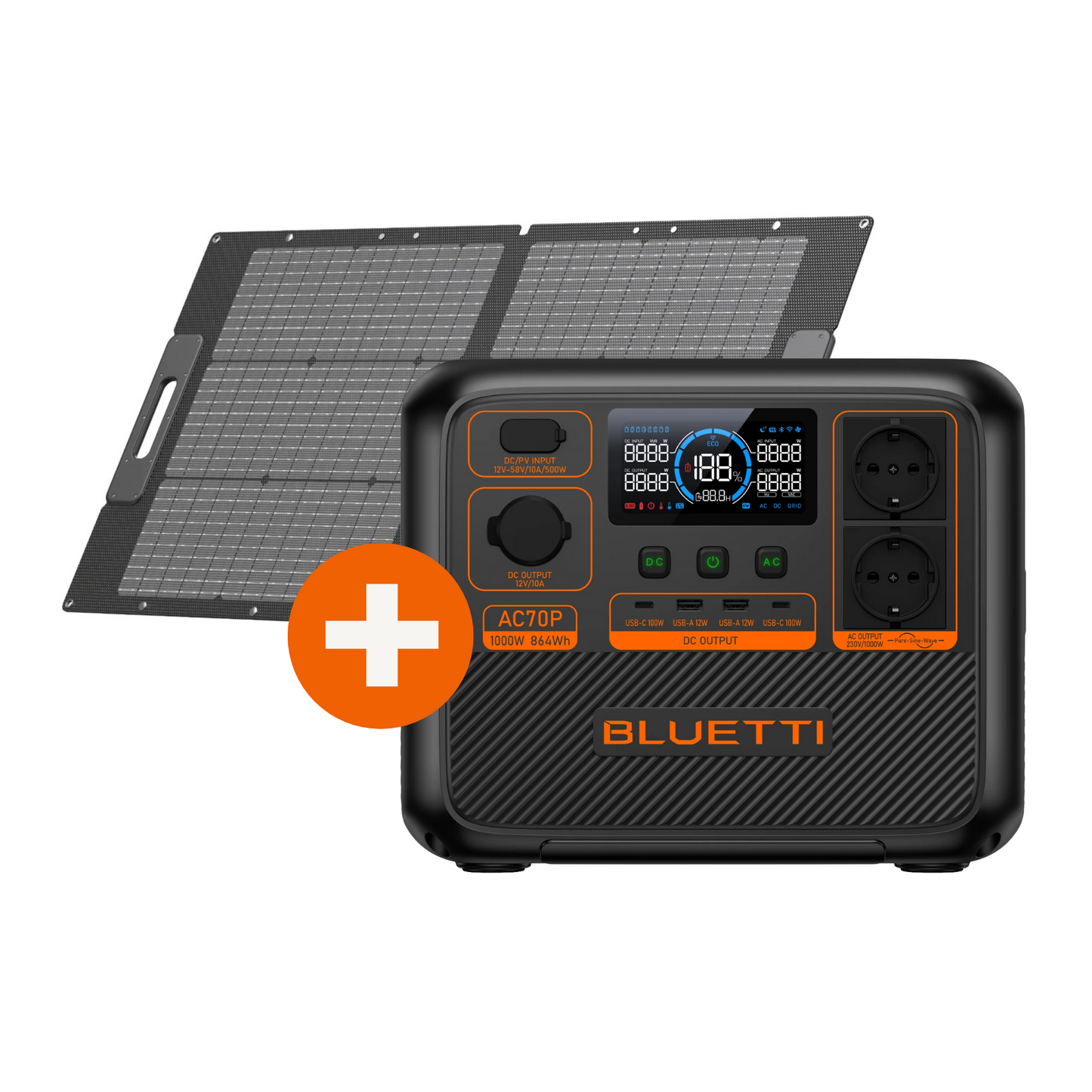 Kit Solar Esencial Bluetti AC70P + Panel Solar PV100 | Estación de Energía 1000W 864Wh con Panel Solar 100W para Camping y Hogar