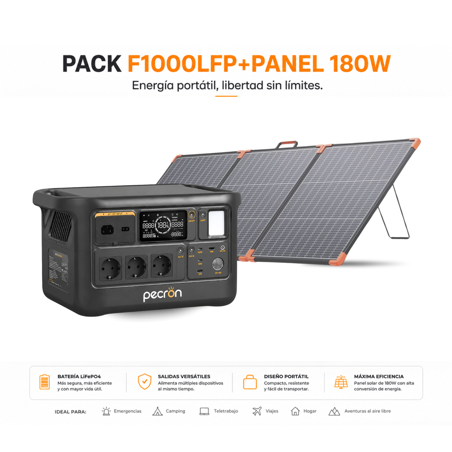 PECRON F1000LFP + Panel Solar Plegable ZOUPW 180W | Kit Solar Portátil 960Wh + 180W