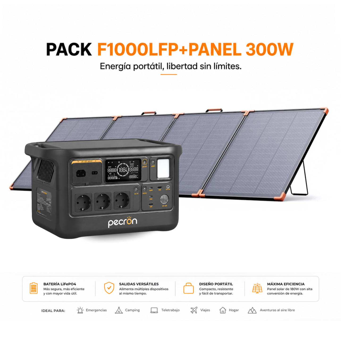 PECRON F1000LFP + Panel Solar Plegable ZOUPW 300W | Kit Solar Portátil 960Wh + 300W