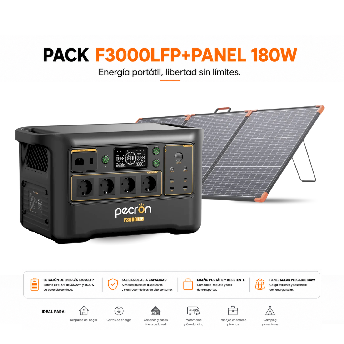 PECRON F3000LFP + Panel Solar Plegable ZOUPW 180W | Kit Solar Portátil 3072Wh + 180W