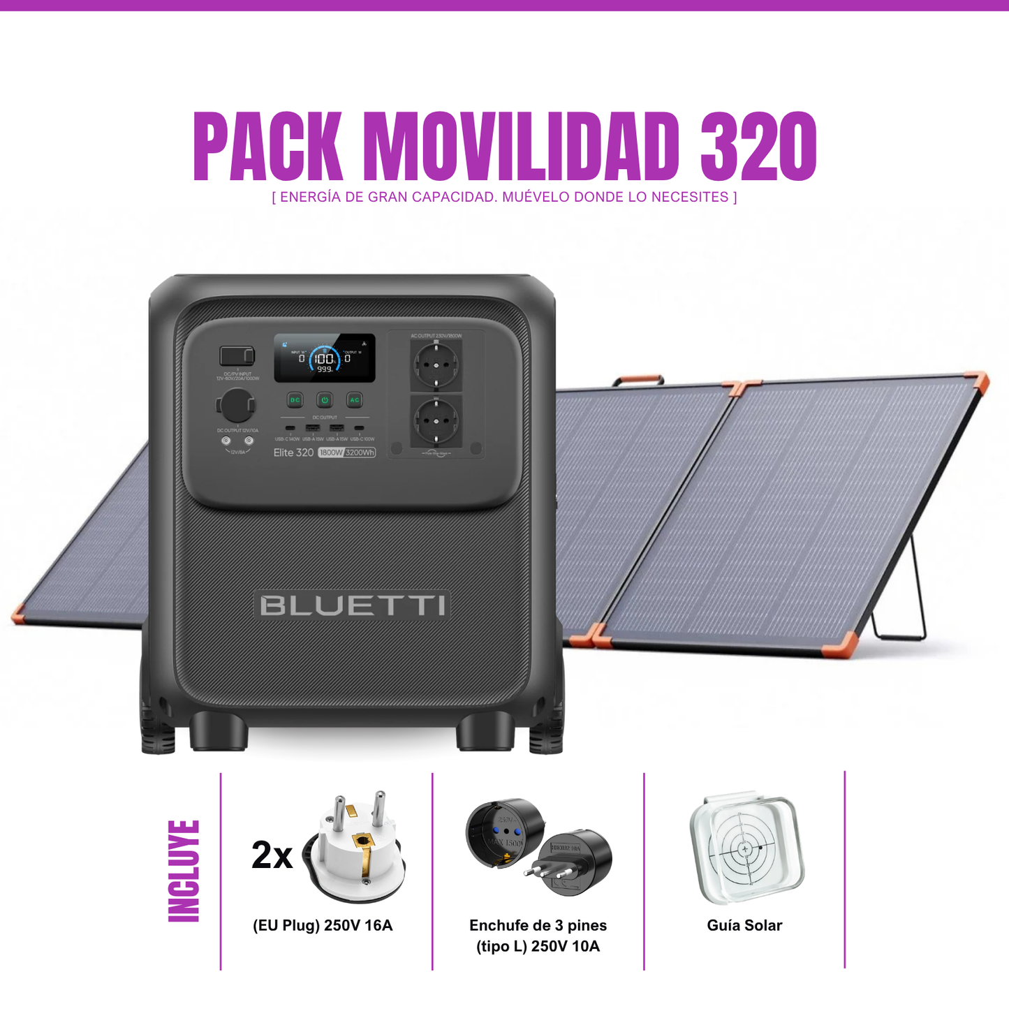 Pack Solar BLUETTI Elite 320 + Panel Solar ZOUPW 300W | Estación de Energía 1800W 3200Wh con Ruedas y Asa Integrada