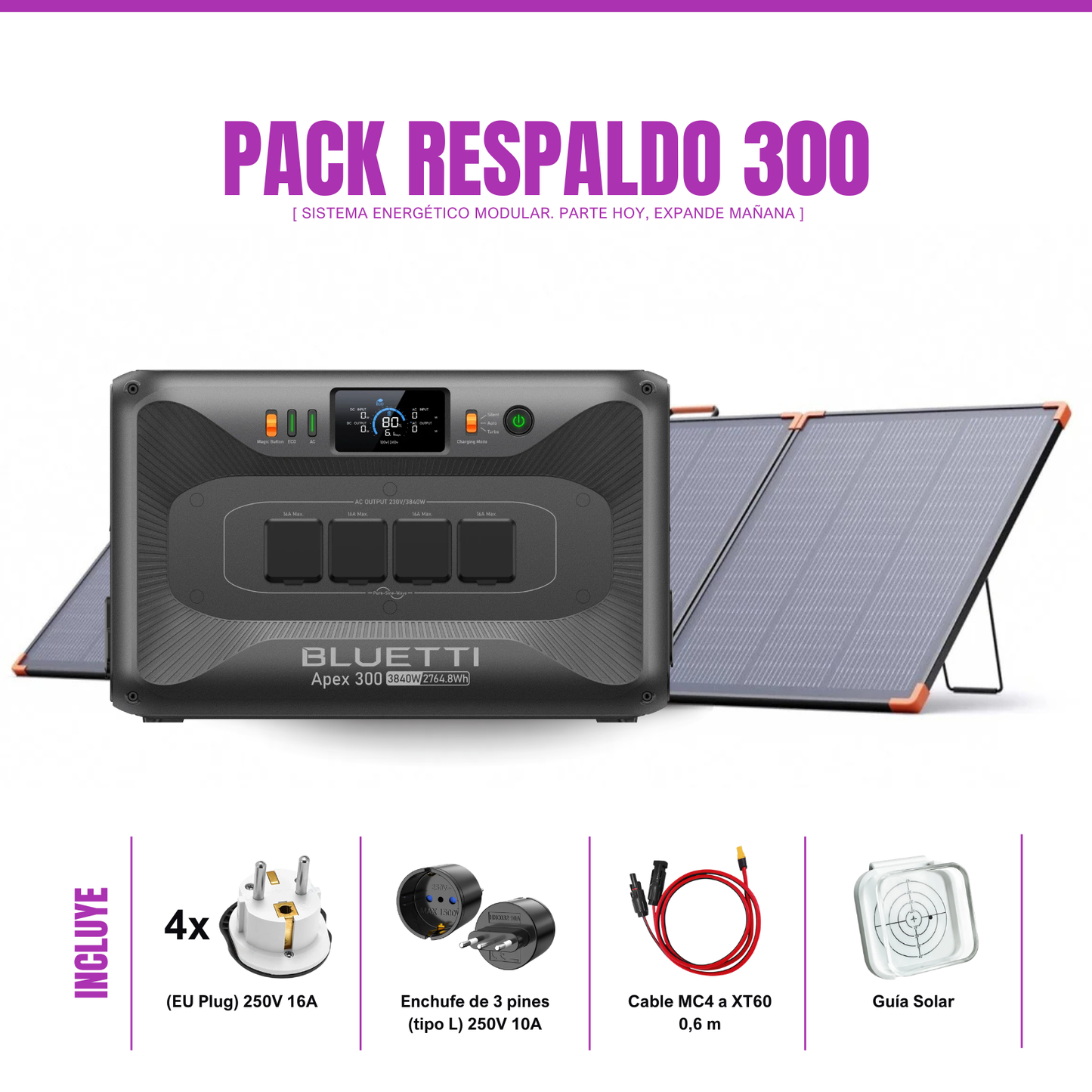 Pack Solar BLUETTI Apex 300 + Panel Solar ZOUPW 300W | Estación de Energía Portátil 3840W
