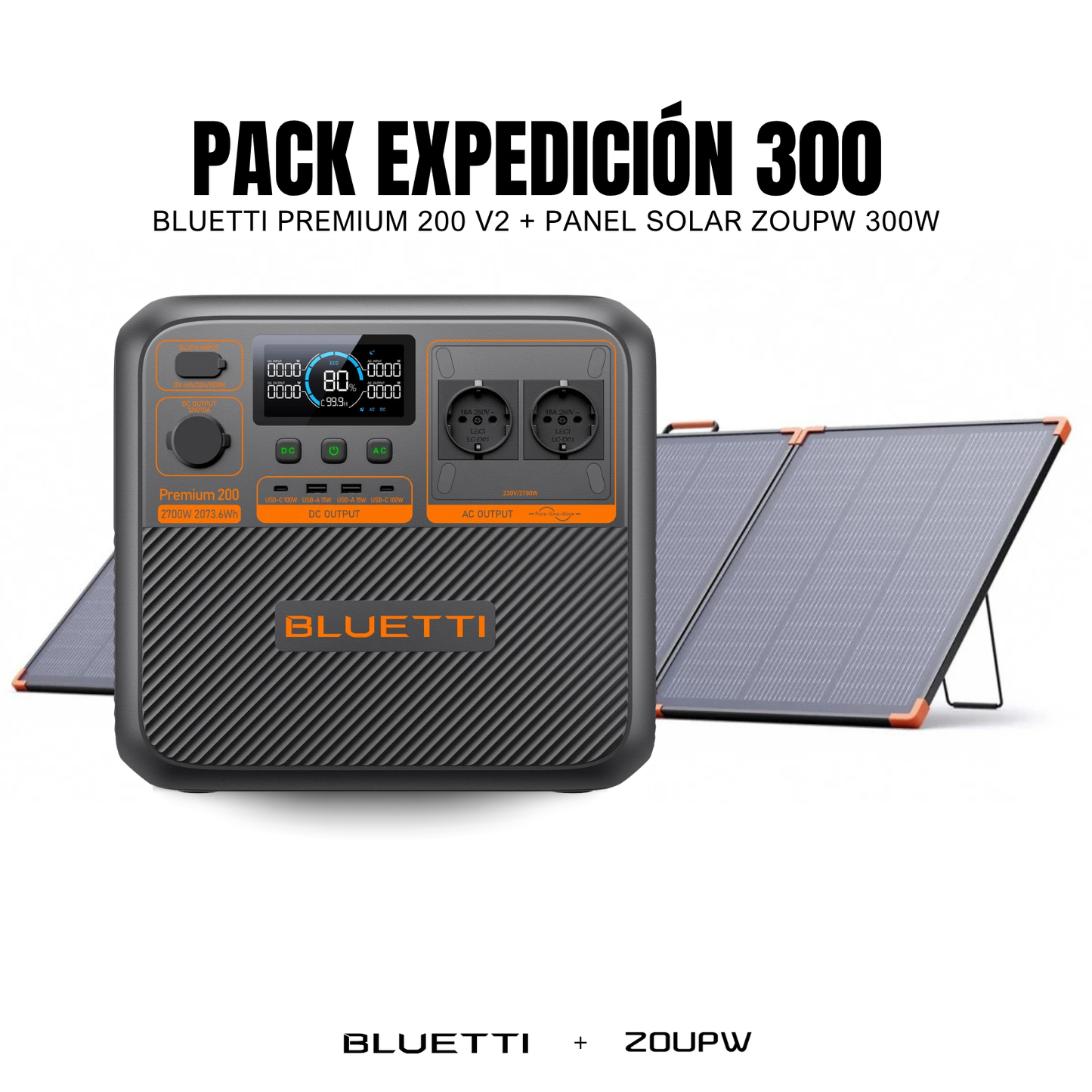 Pack Solar BLUETTI Premium 200 V2 + Panel Solar ZOUPW 300W | Estación de Energía Portátil 2700W / 2073Wh