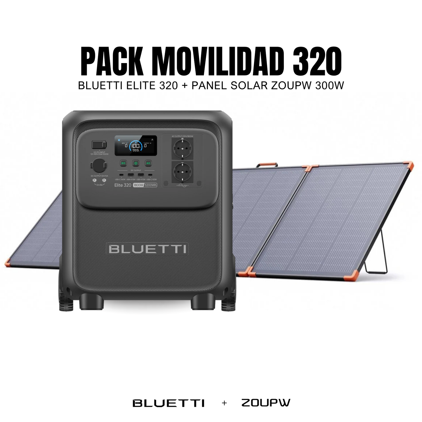Pack Solar BLUETTI Elite 320 + Panel Solar ZOUPW 300W | Estación de Energía 1800W 3200Wh con Ruedas y Asa Integrada