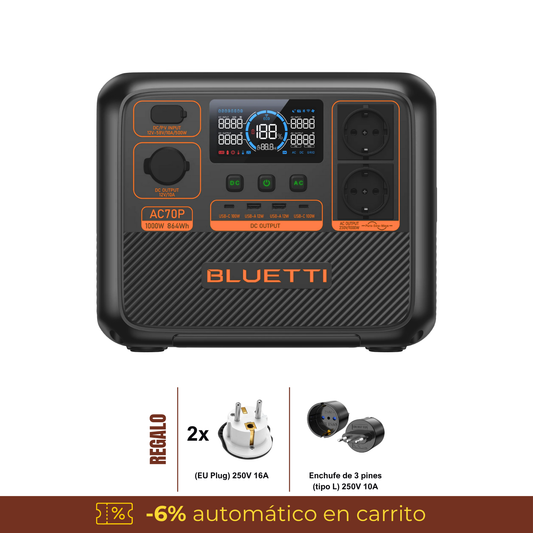 BLUETTI AC70P Estación de Energía Portátil 1000W 864Wh | Recarga Solar | Uso Outdoor y Camping