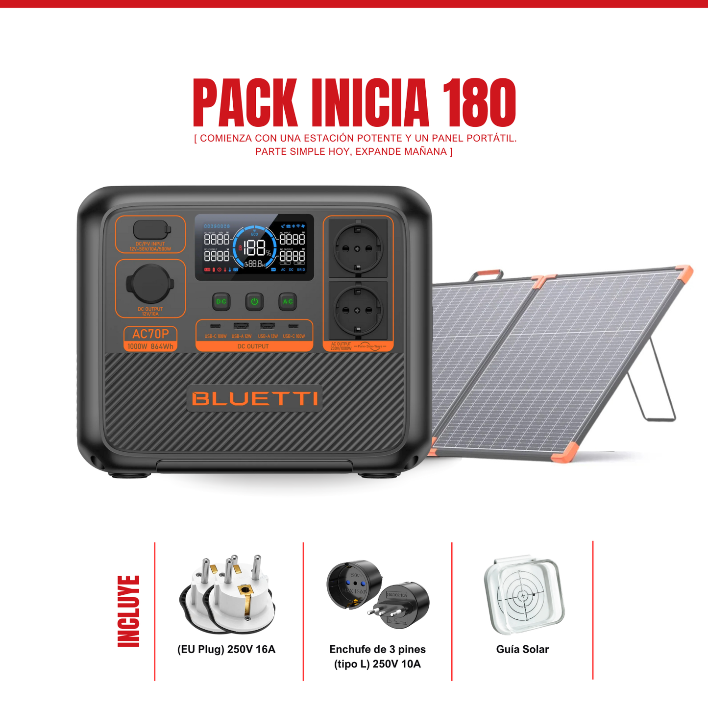 Pack Solar BLUETTI AC70P + Panel Solar ZOUPW 180W | Estación de Energía Portátil 1000W