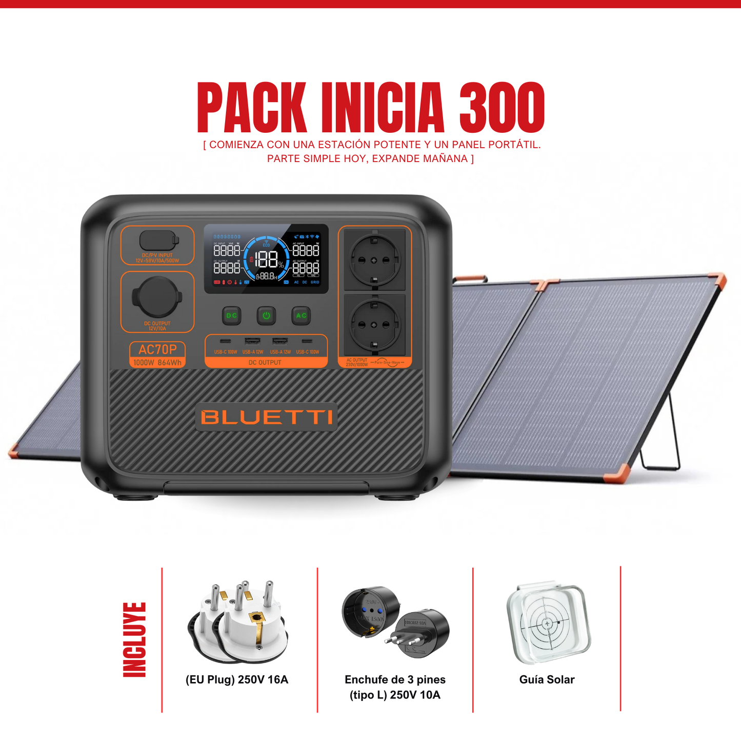Pack Solar BLUETTI AC70P + Panel Solar ZOUPW 300W | Estación de Energía Portátil 1000W