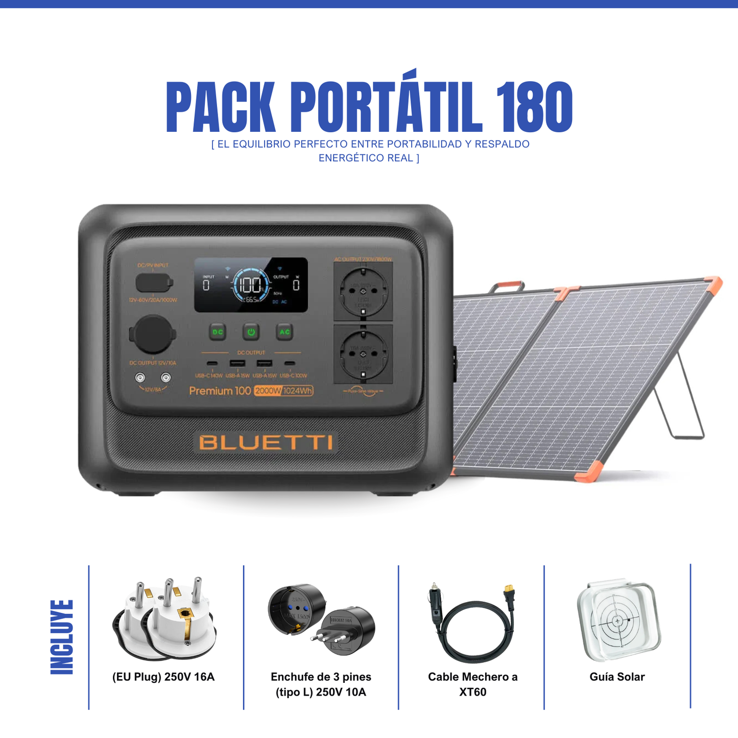 Pack Solar BLUETTI Premium 100 V2 + Panel Solar ZOUPW 180W | Estación de Energía Portátil 2000W
