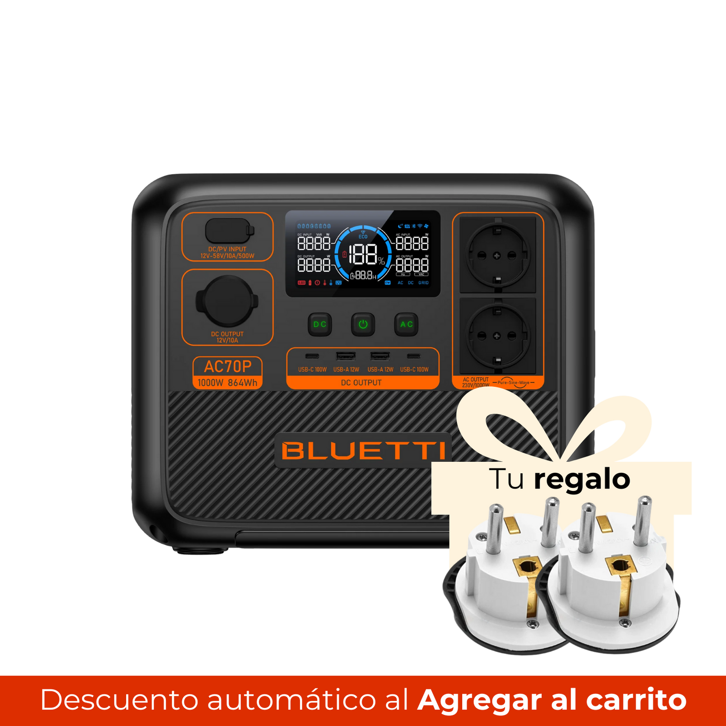 BLUETTI AC70P Estación de Energía Portátil 1000W 864Wh | Recarga Solar | Uso Outdoor y Camping
