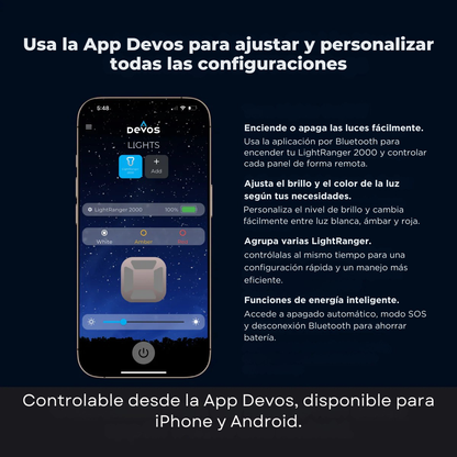 [PREVENTA] Devos LightRanger 2000 | Iluminación portátil telescópica LED 2000 Lúmenes con Bluetooth, Luz Blanca, Ámbar y Roja