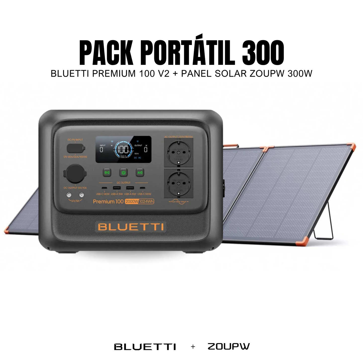Pack Solar BLUETTI Premium 100 V2 + Panel Solar ZOUPW 300W | Estación de Energía Portátil 2000W