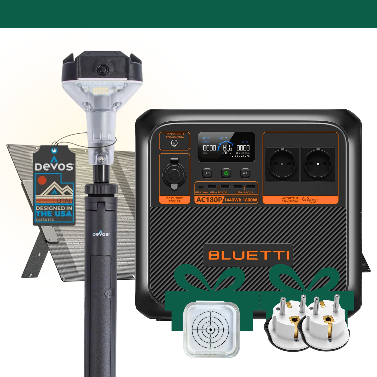 Bluetti AC180P | Panel Solar 200W | Devos LR800 | Accesorios