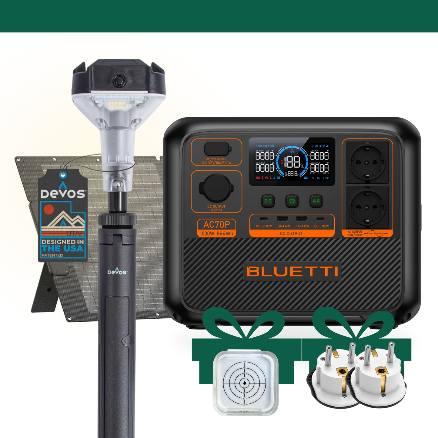 Bluetti AC70P | Panel Solar 100W | Devos LR800 | Accesorios