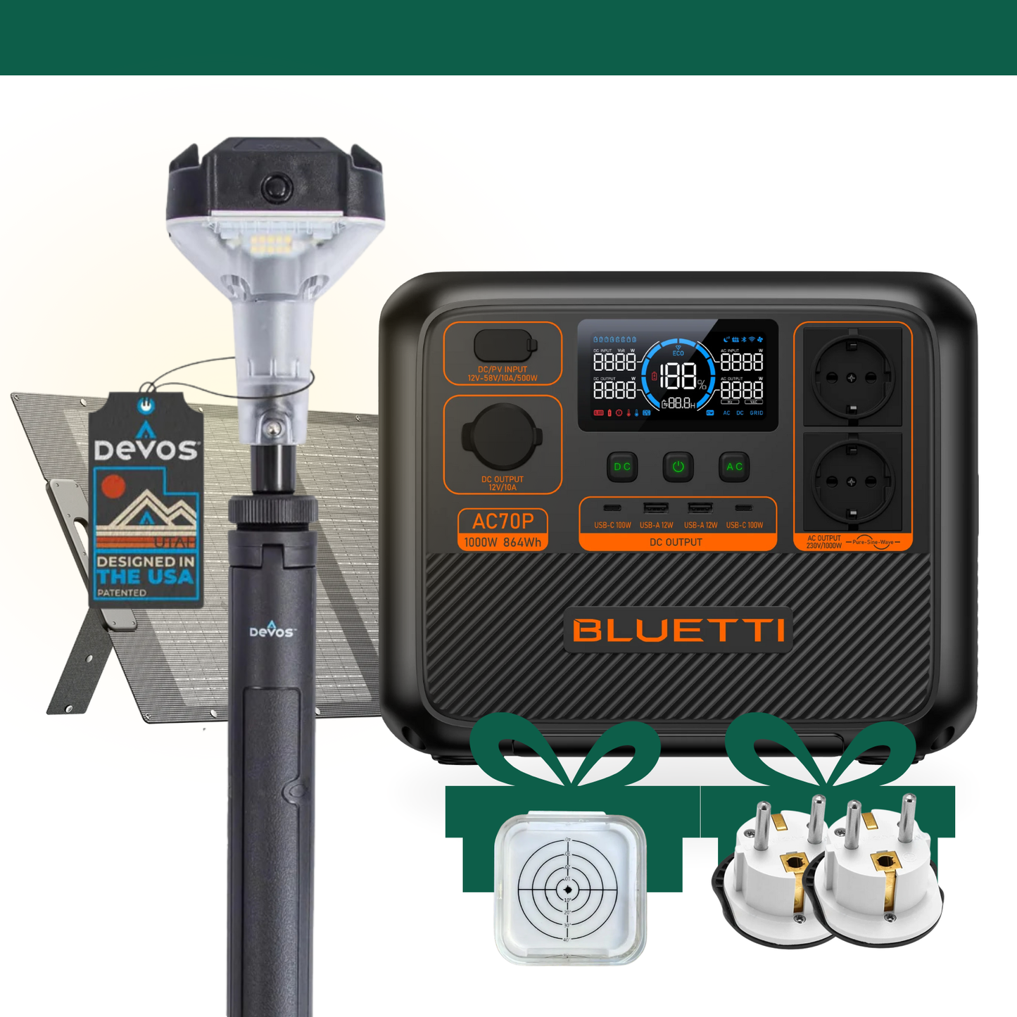 Bluetti AC70P | Panel Solar 200W | Devos LR800 | Accesorios