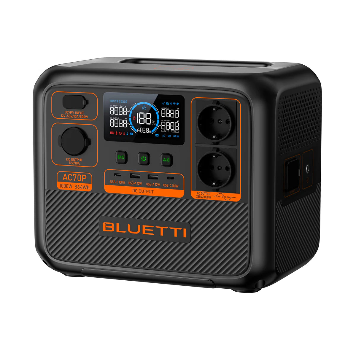 BLUETTI AC70P Estación de Energía Portátil 1000W 864Wh | Recarga Solar | Uso Outdoor y Camping