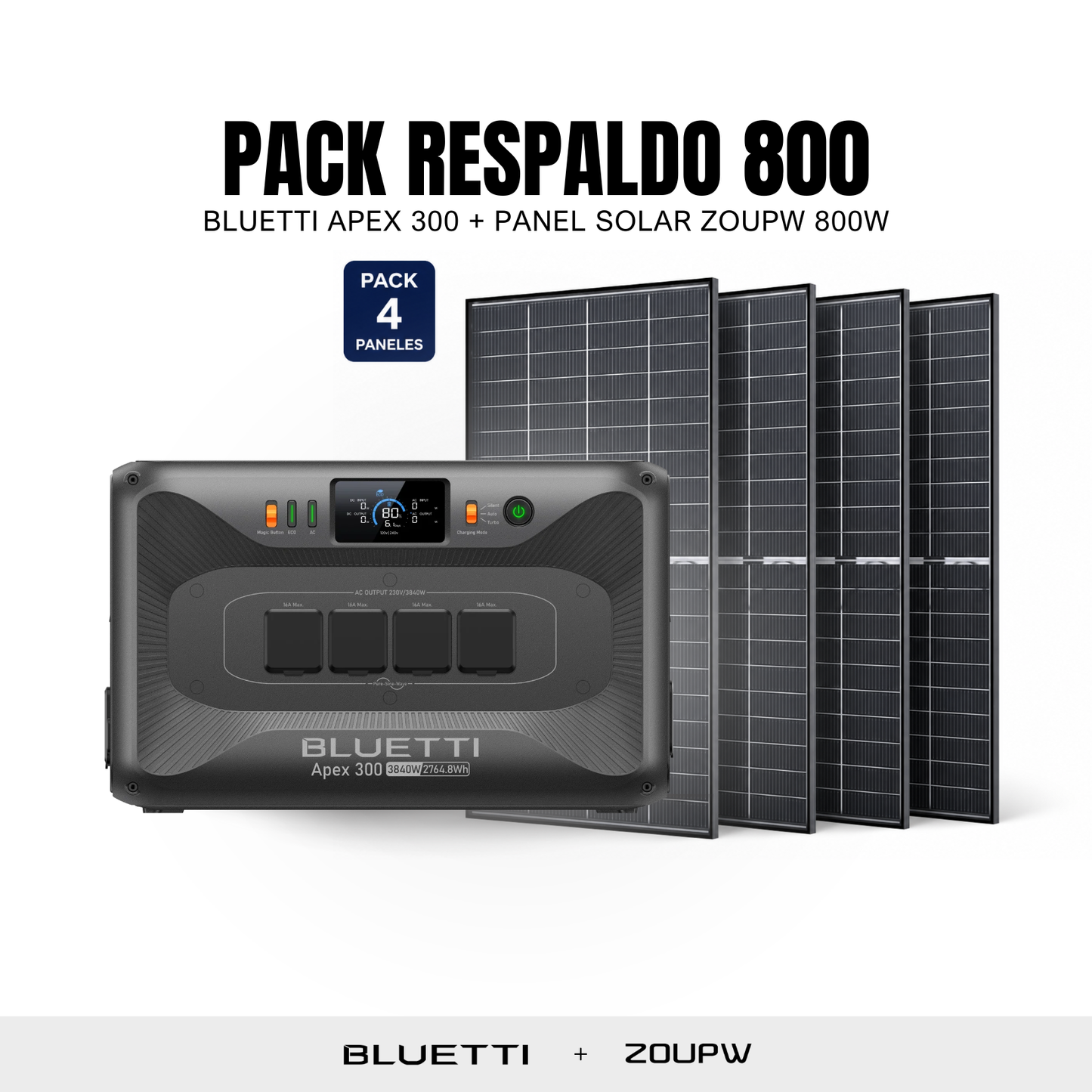 Pack Solar BLUETTI Apex 300 + 4 Paneles Solares ZOUPW 200W | Sistema de Respaldo Solar 3840W