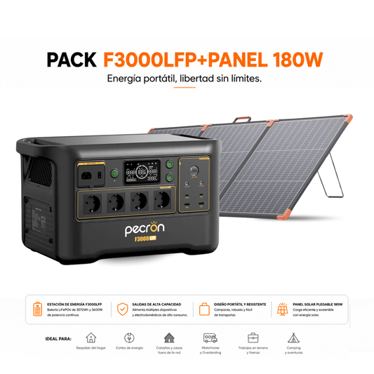 PECRON F3000LFP + Panel Solar Plegable ZOUPW 180W | Kit Solar Portátil 3072Wh + 180W