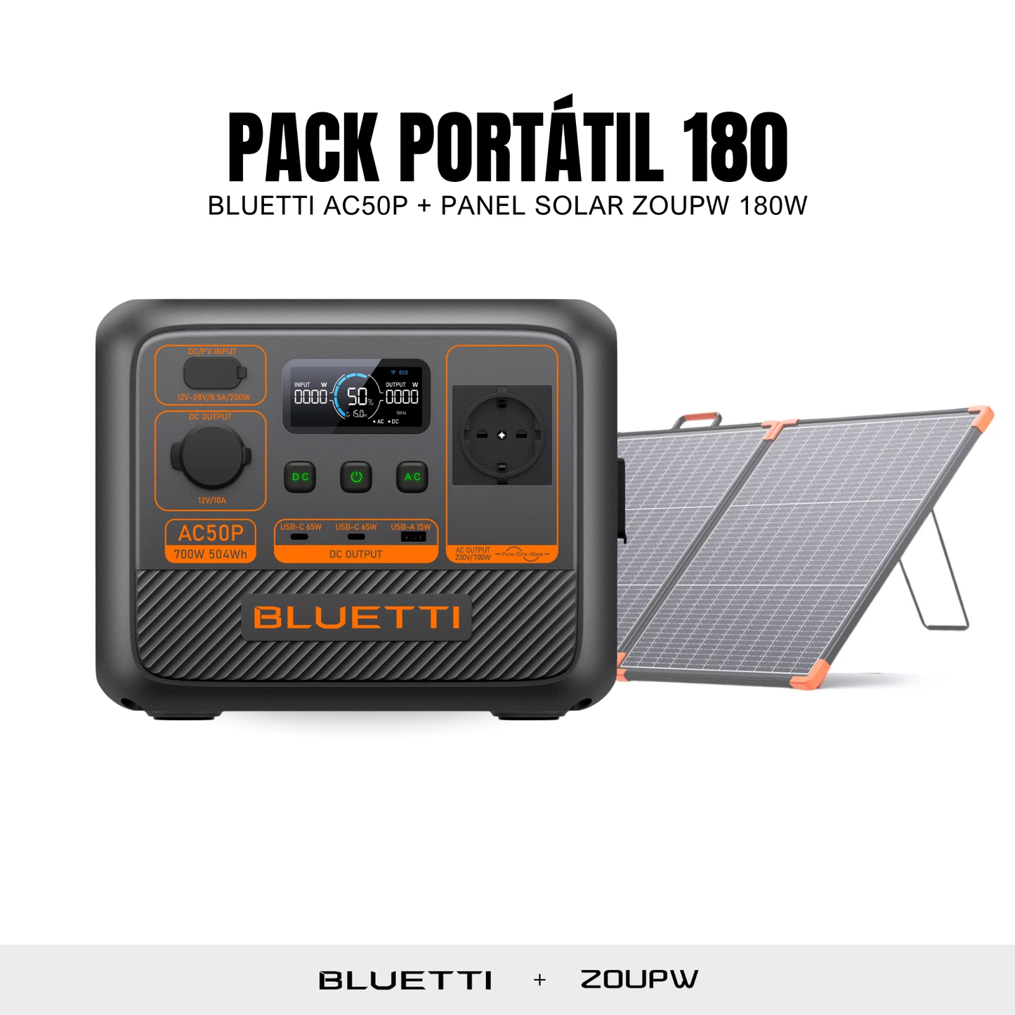 Pack Solar BLUETTI AC50P + Panel Solar ZOUPW 180W | Estación de Energía 700W 504Wh Compacta y Portátil