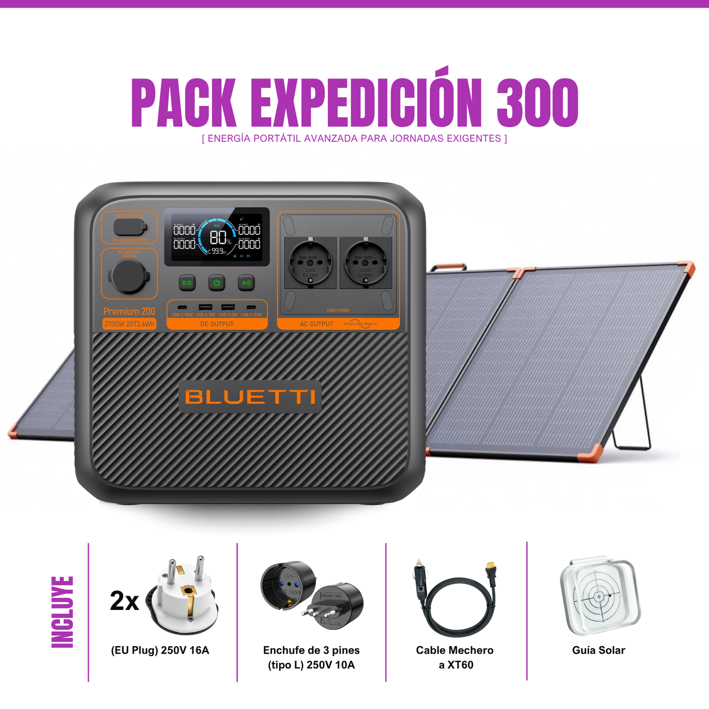 Pack Solar BLUETTI Premium 200 V2 + Panel Solar ZOUPW 300W | Estación de Energía Portátil 2700W / 2073Wh